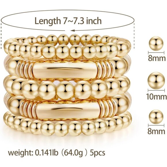 Women Gold Chunky Curved Stacking Plated Bead Ball Stretchable Bracelets Jewelry - Picture 2 of 7